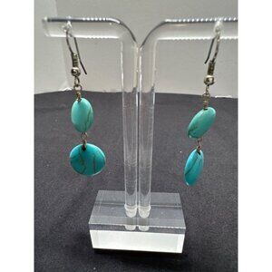Turquoise Howlite Dangle Earrings Round Beaded Silver Hooks Bohemian Jewelry